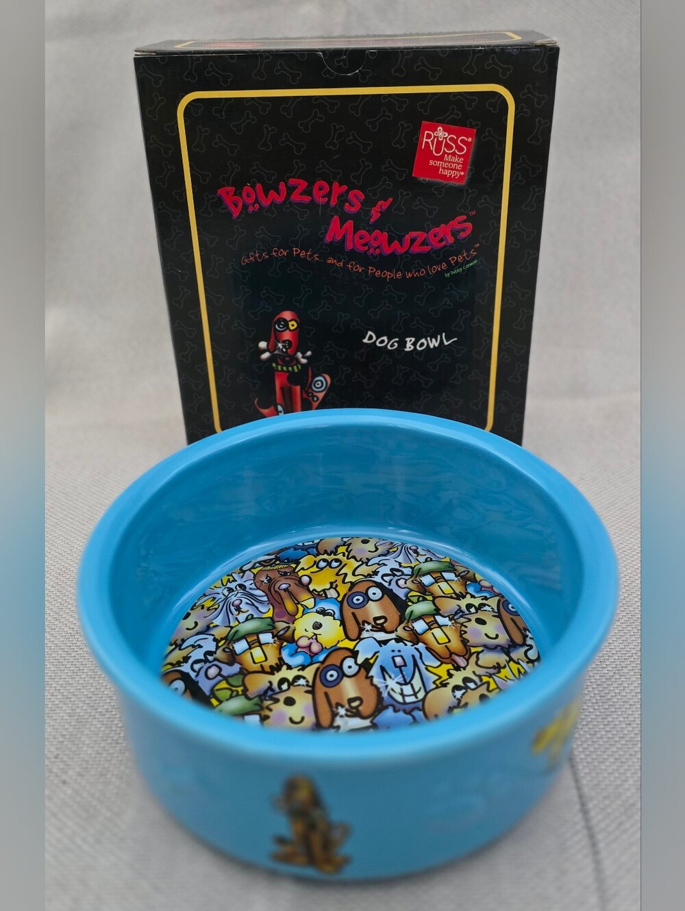 Vintage Bowzers & Meowzers Ceramic Dog Bowl by Artist Debby Carman For RUSS